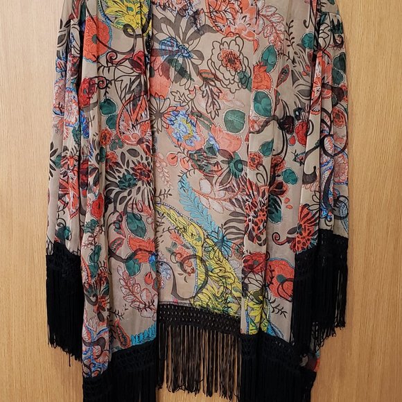 Sans Souci, tan orange green blue black kimono fringe cardigan, large - Picture 3 of 15